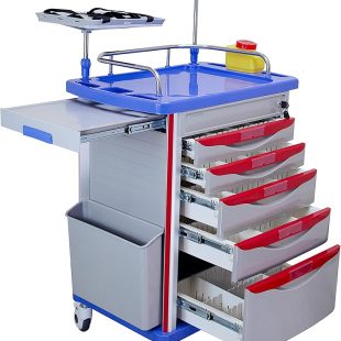 Fully equipped medical crash cart with drawers and defibrillator shelf, supplied by Neomeditech Biomedical Solutions in Kathmandu, Nepal.